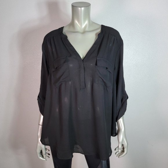 Torrid Harper Blouse Plus Size 2X Sheer Pockets Roll‎ Tab Sleeve Casual Black - Picture 2 of 6